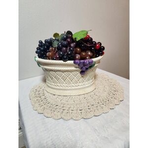 Noble Excellence Vintage Wicker Ceramic Grape Centerpiece Bowl Oval Plantr Cream